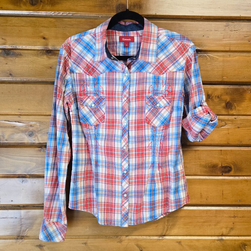 Panhandle Plaid Western Embroidered Pearl Snap Long Sleeve Button Down Size M